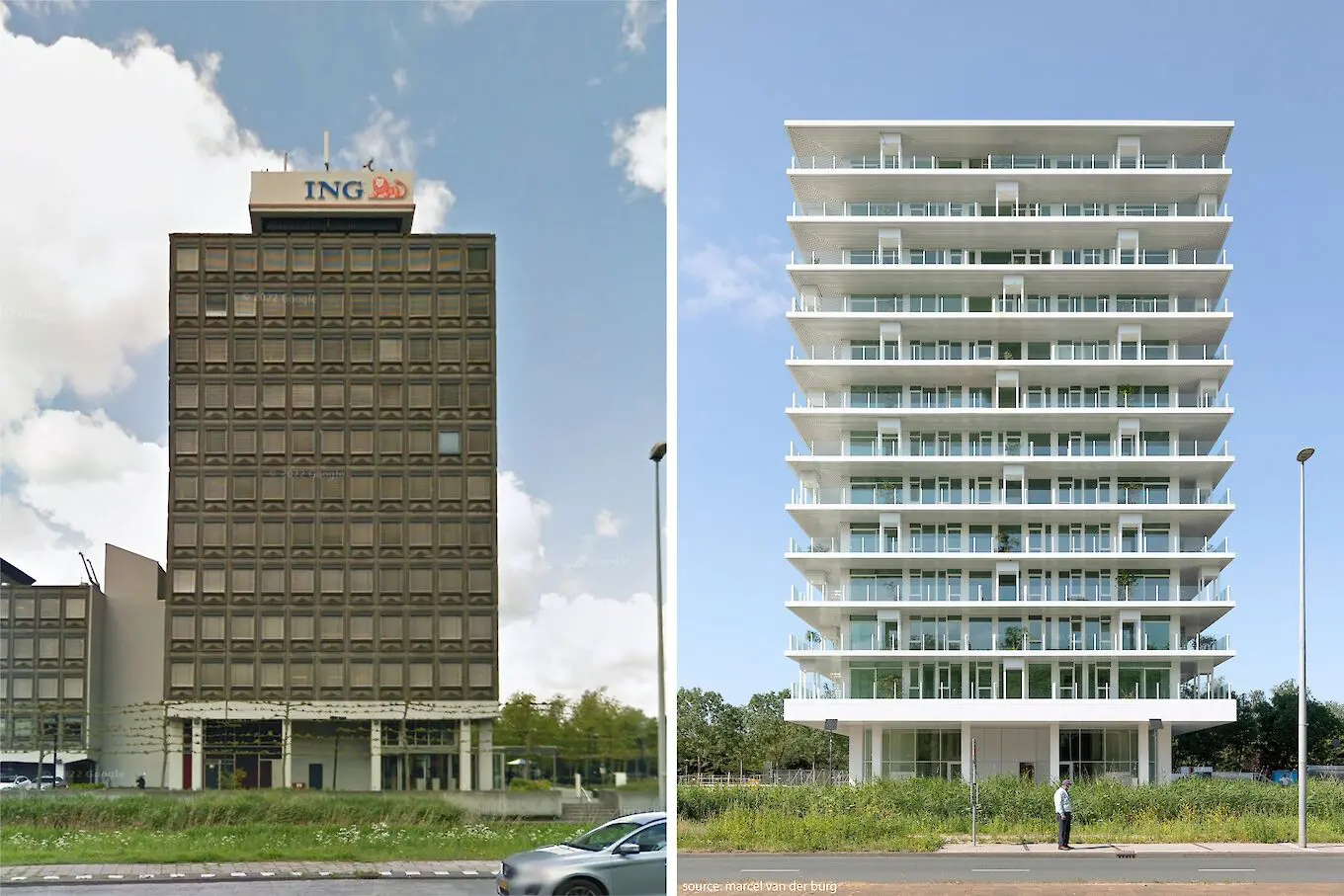 Four steps towards net zero in Property Development 2 before and after of ING bank, a net zero project in Amsterdam