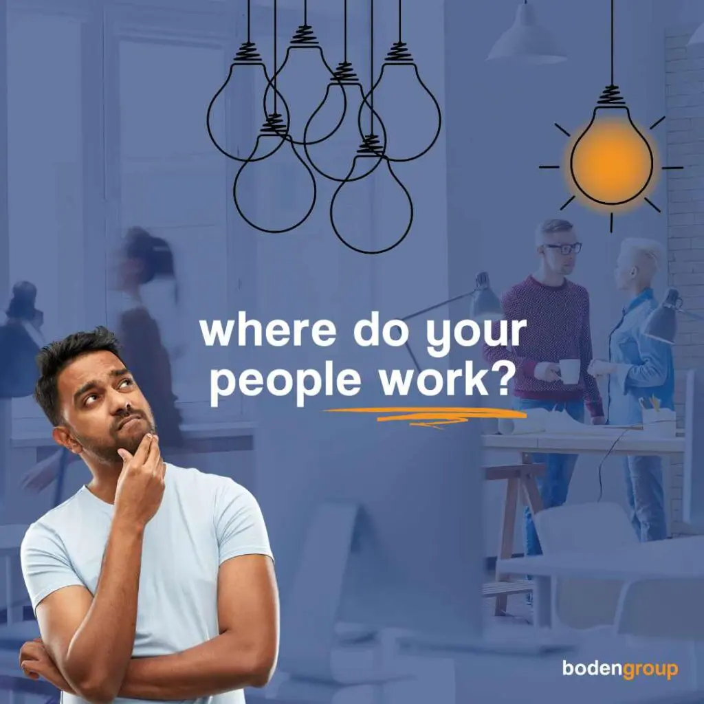 A poster showing a guy looking up considering where workers work. This is for a blog on workplace design.